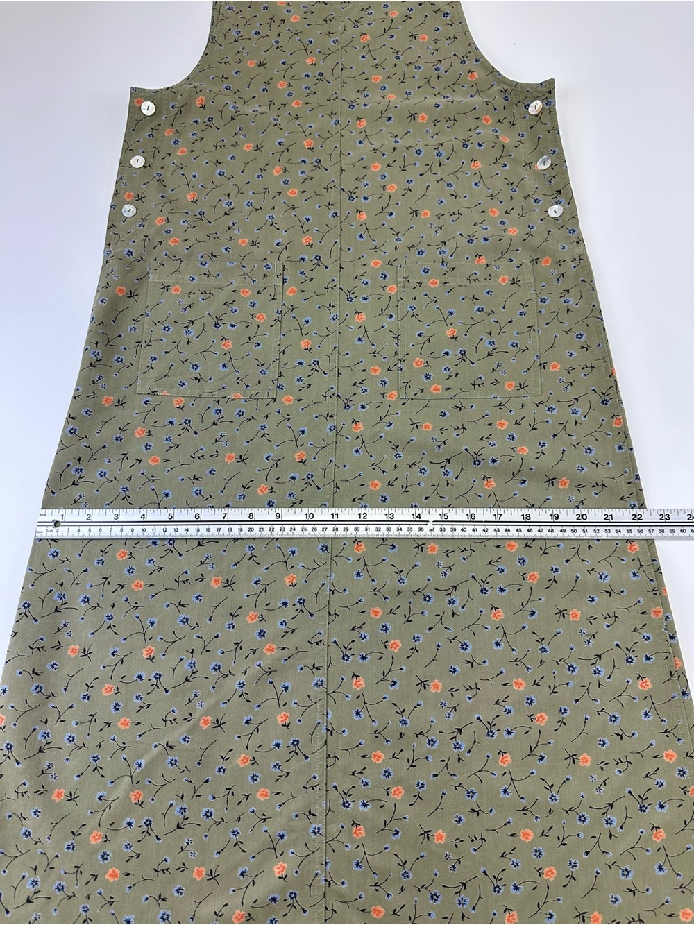 True Vintage 90s Ditsy Floral Maxi Jumper Olive Dress Pinafore Medium Prairie - Picture 6 of 9